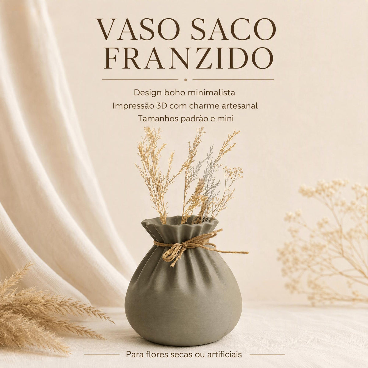 Vaso Decorativo Saco Franzido Estilo Boho Minimalista