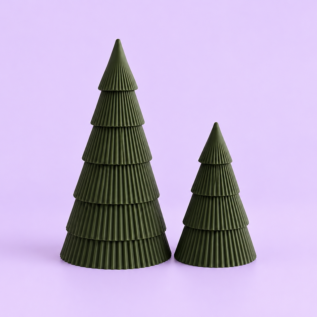 Kit com duas árvores de Natal modernas estilo Japandi em verde oliva fosco