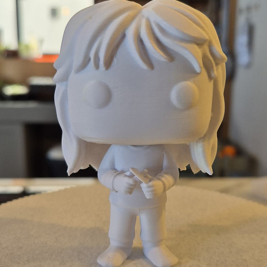 Boneco personalizado Minha loja estilo cabeçudinho em impressão 3D branca, ideal para presente exclusivo.