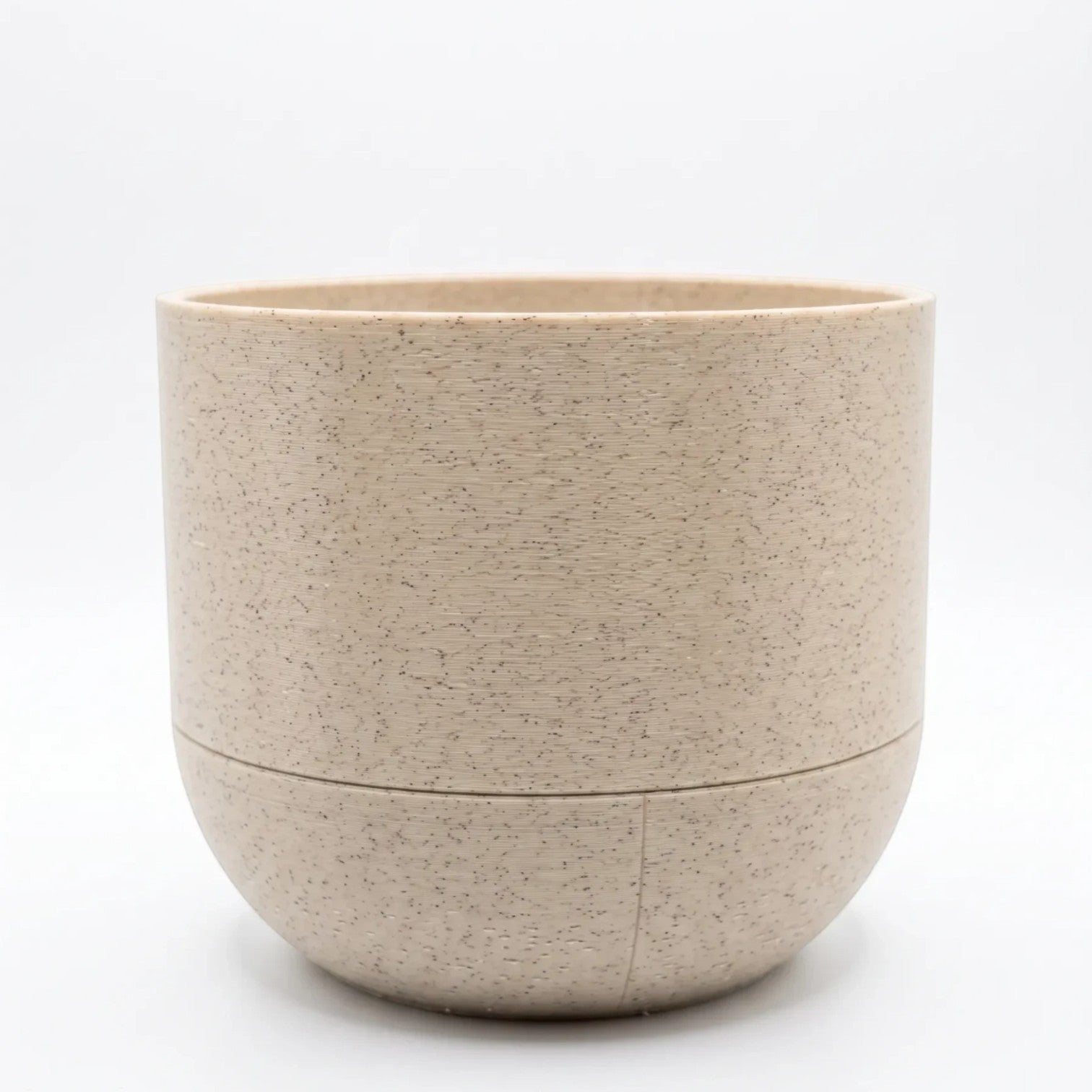 Cachepô autoirrigável Minha loja bege com textura pontilhada, design minimalista impresso em 3D para plantas.