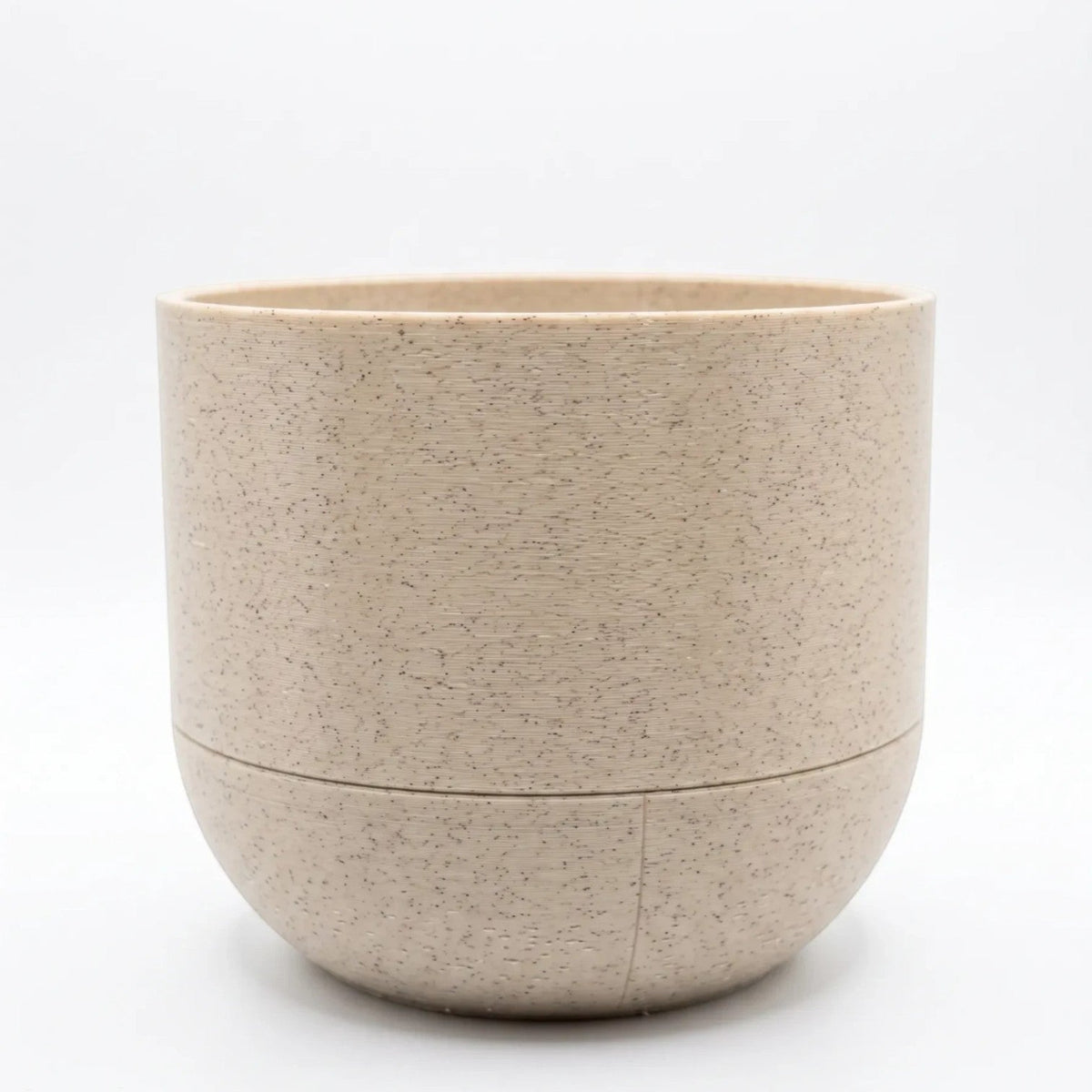 Cachepô autoirrigável Minha loja bege com textura pontilhada, design minimalista impresso em 3D para plantas.