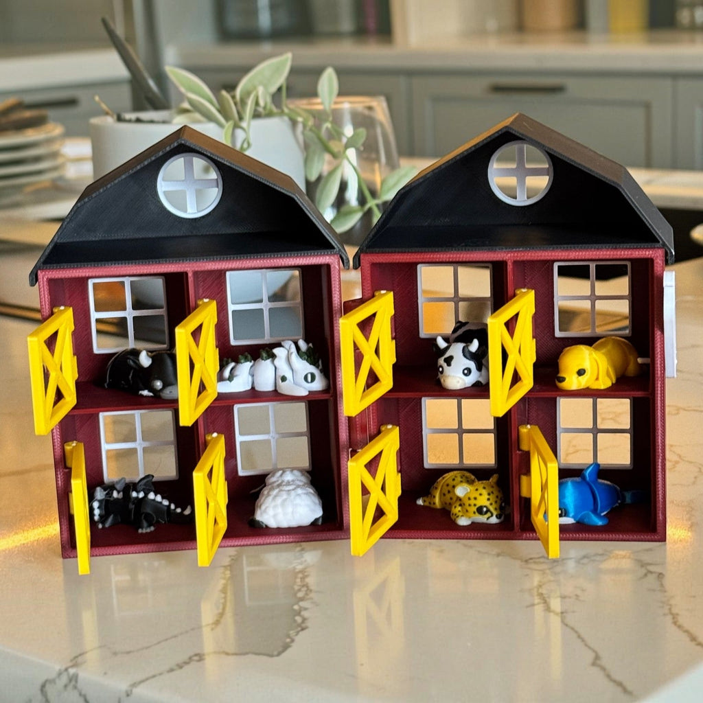 Minha loja Casa Celeiro para Animais Miniatura com 8 baias, portas amarelas e animais de brinquedo em cada compartimento