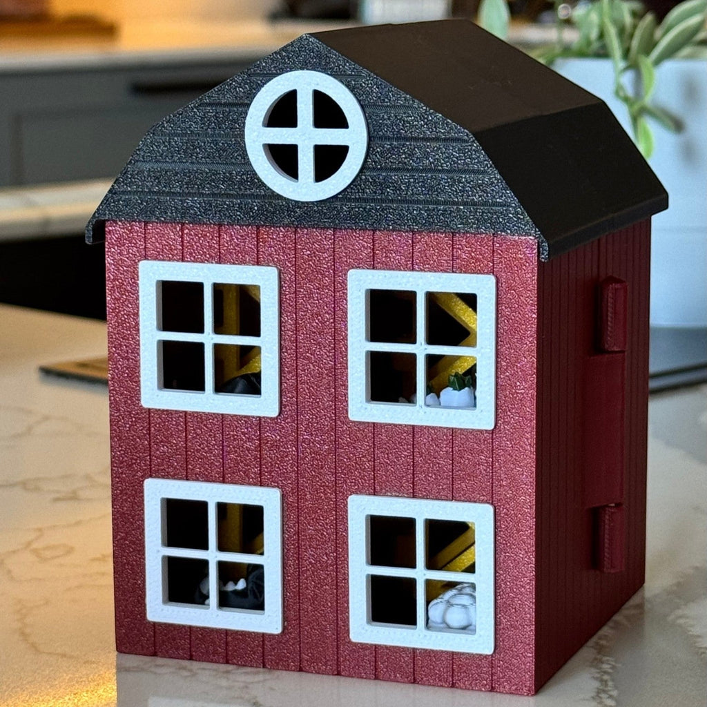 Casa Celeiro para Animais Miniatura Minha loja vermelha com telhado preto e oito baias para brinquedos infantis