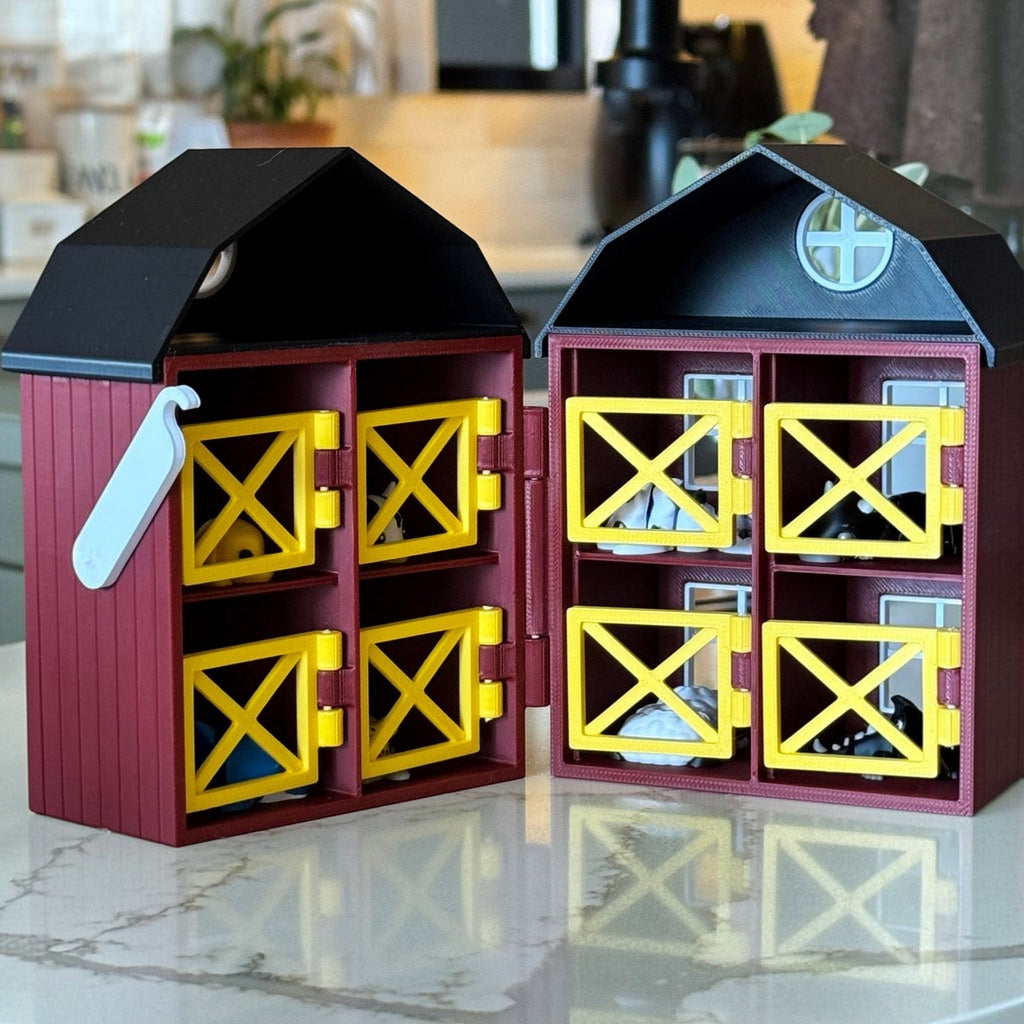 Minha loja Casa Celeiro para Animais Miniatura vermelha com 8 baias amarelas e telhado preto, aberta para brincar.