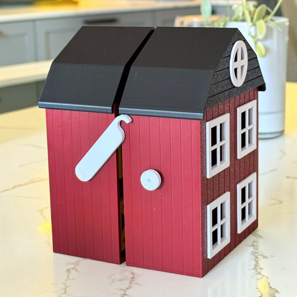 Minha loja Casa Celeiro para Animais Miniatura vermelha com telhado preto, 8 baias e design dobrável para crianças.