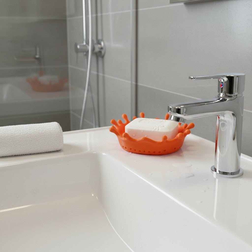 Saboneteira infantil Minha loja modelo Splash laranja com design de respingo em pia de banheiro moderna