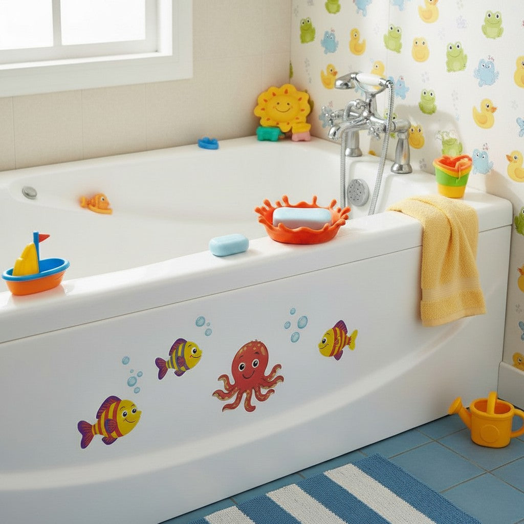 Saboneteira infantil Minha loja modelo SPLASH laranja com design de respingo em banheira decorada com adesivos