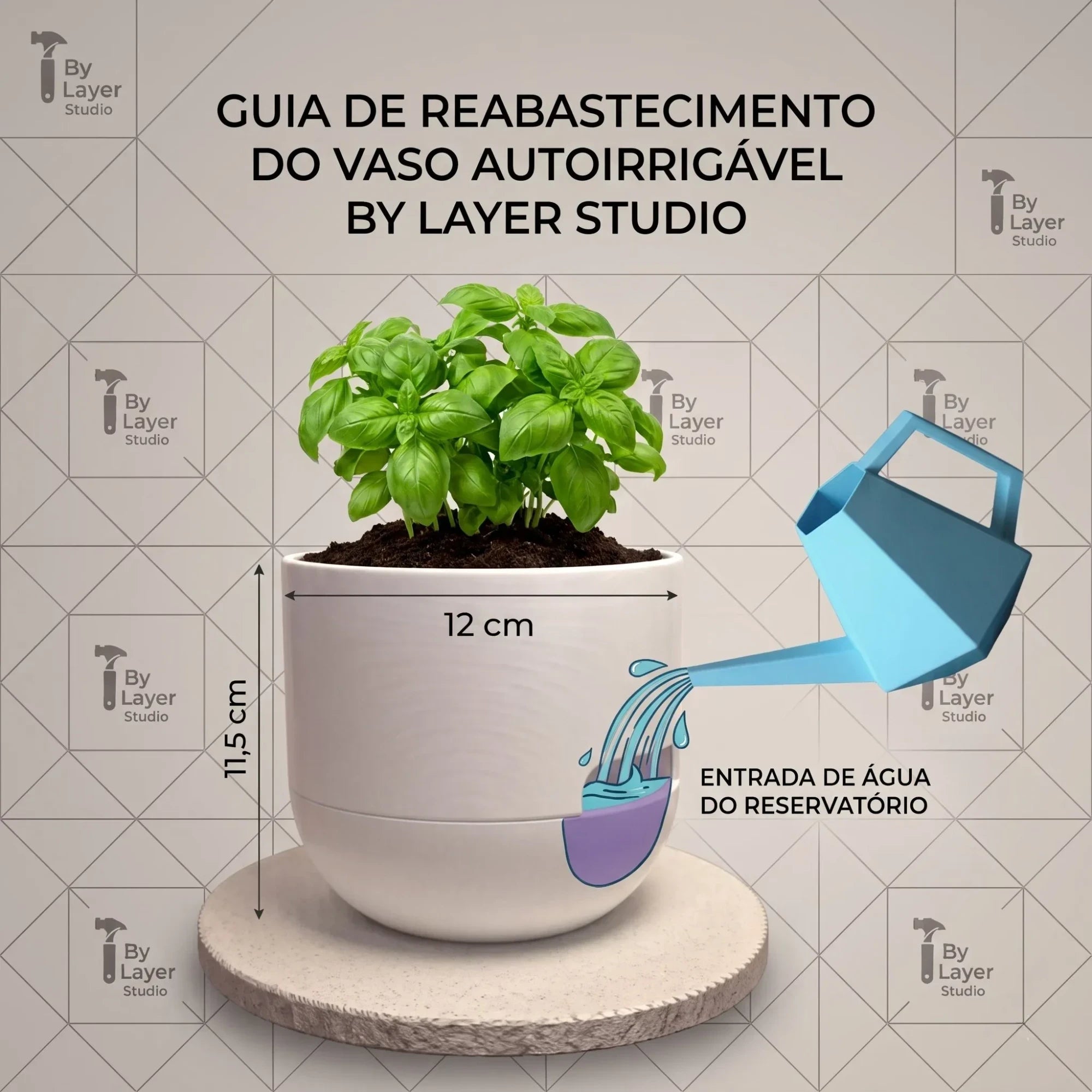 Infográfico do cachepô autoirrigável Minha loja com planta, mostrando dimensões de 12cm por 11,5cm e entrada de água.