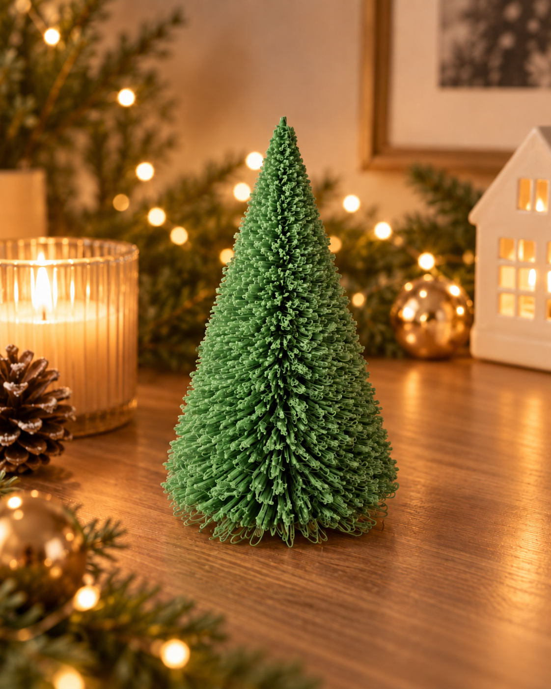 Mini árvore de Natal verde em impressão 3D ambientada em decoração natalina com luzes quentes