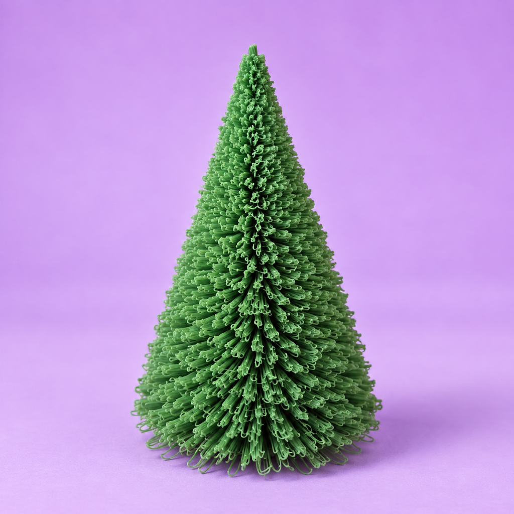 Mini árvore de Natal decorativa 3D verde com textura detalhada em fundo lavanda