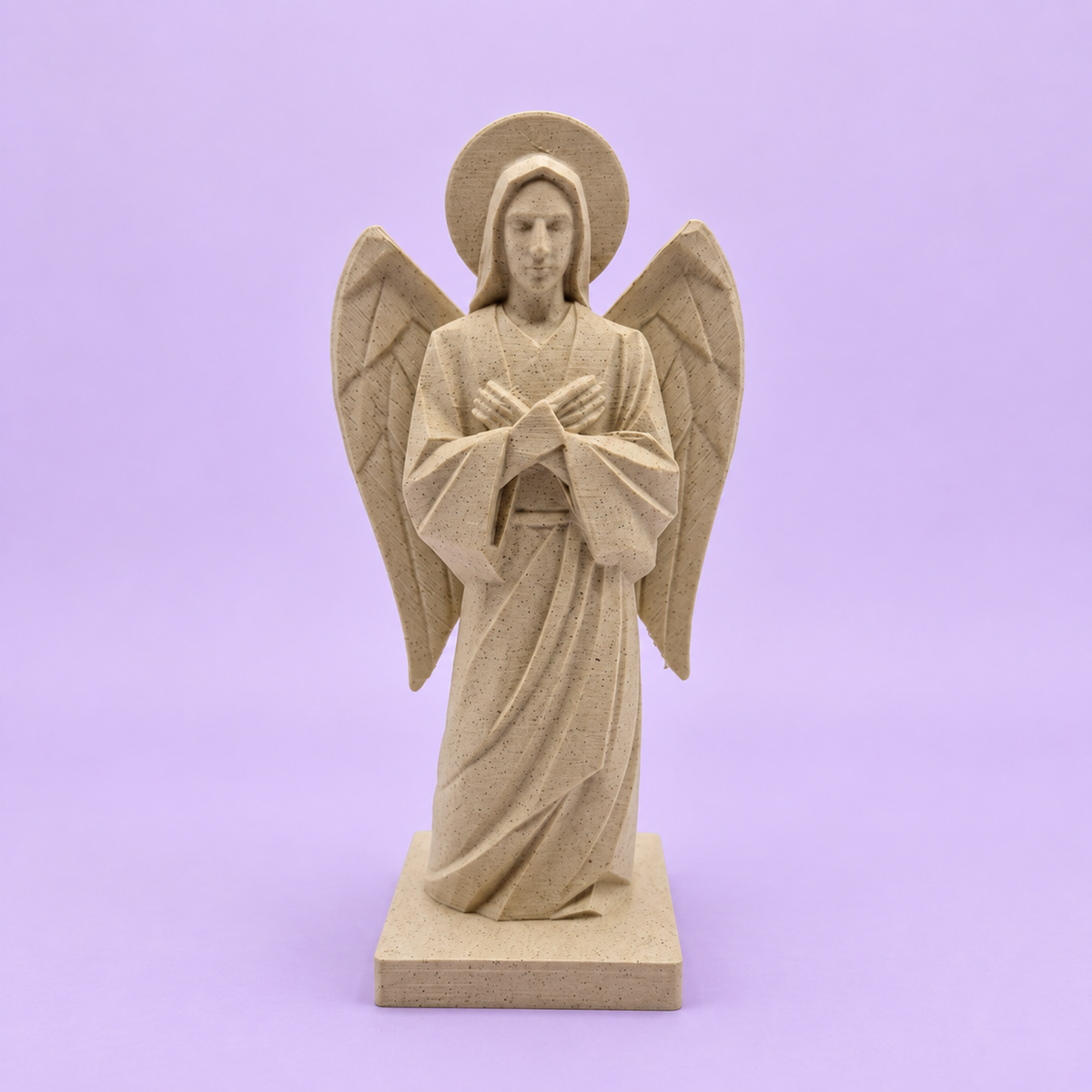 Estatueta de Anjo Sagrado em fundo lavanda