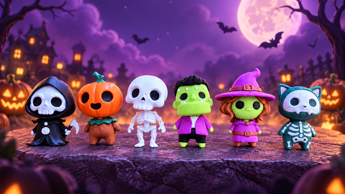 Personagens de Halloween Studio Xapê 3D sobre cenário roxo