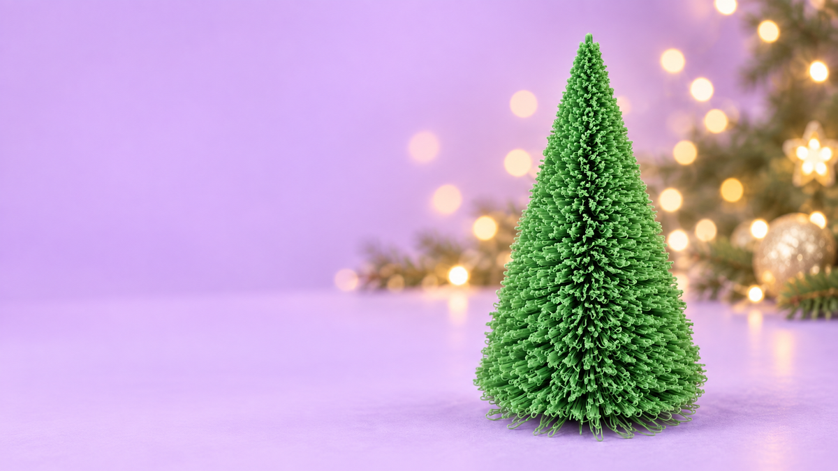 Mini árvore de Natal verde em impressão 3D com cenário lavanda e luzes natalinas